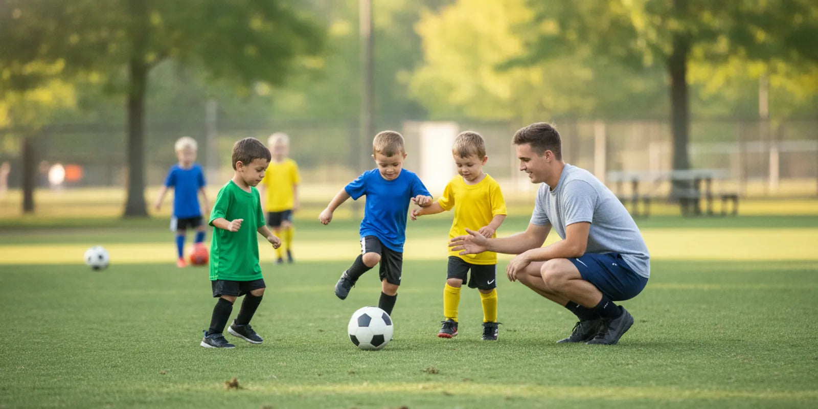 Young children practicing soccer dribbling together on a field