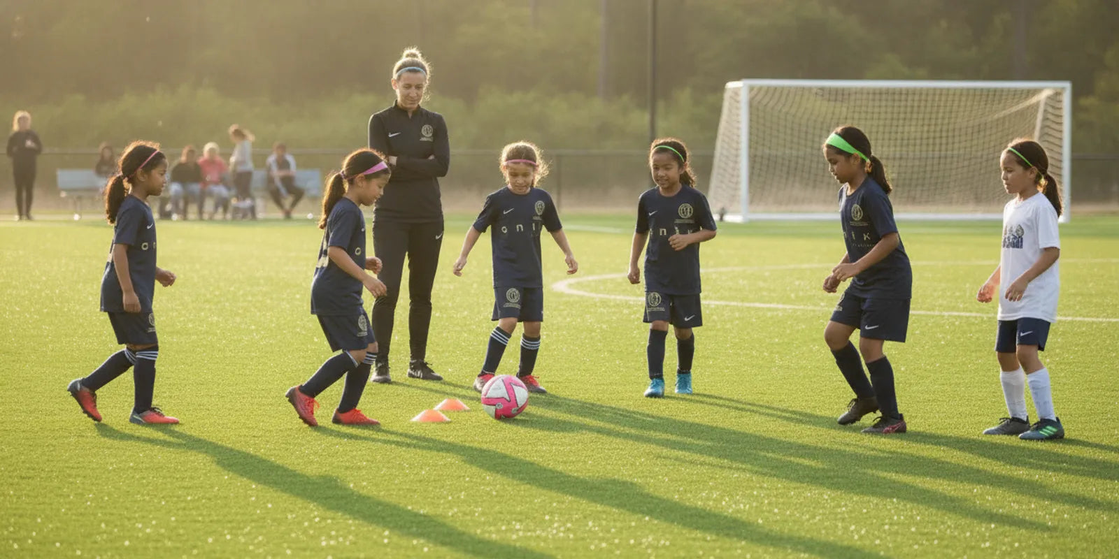 Girls youth soccer players training together on a field with a coach nearby