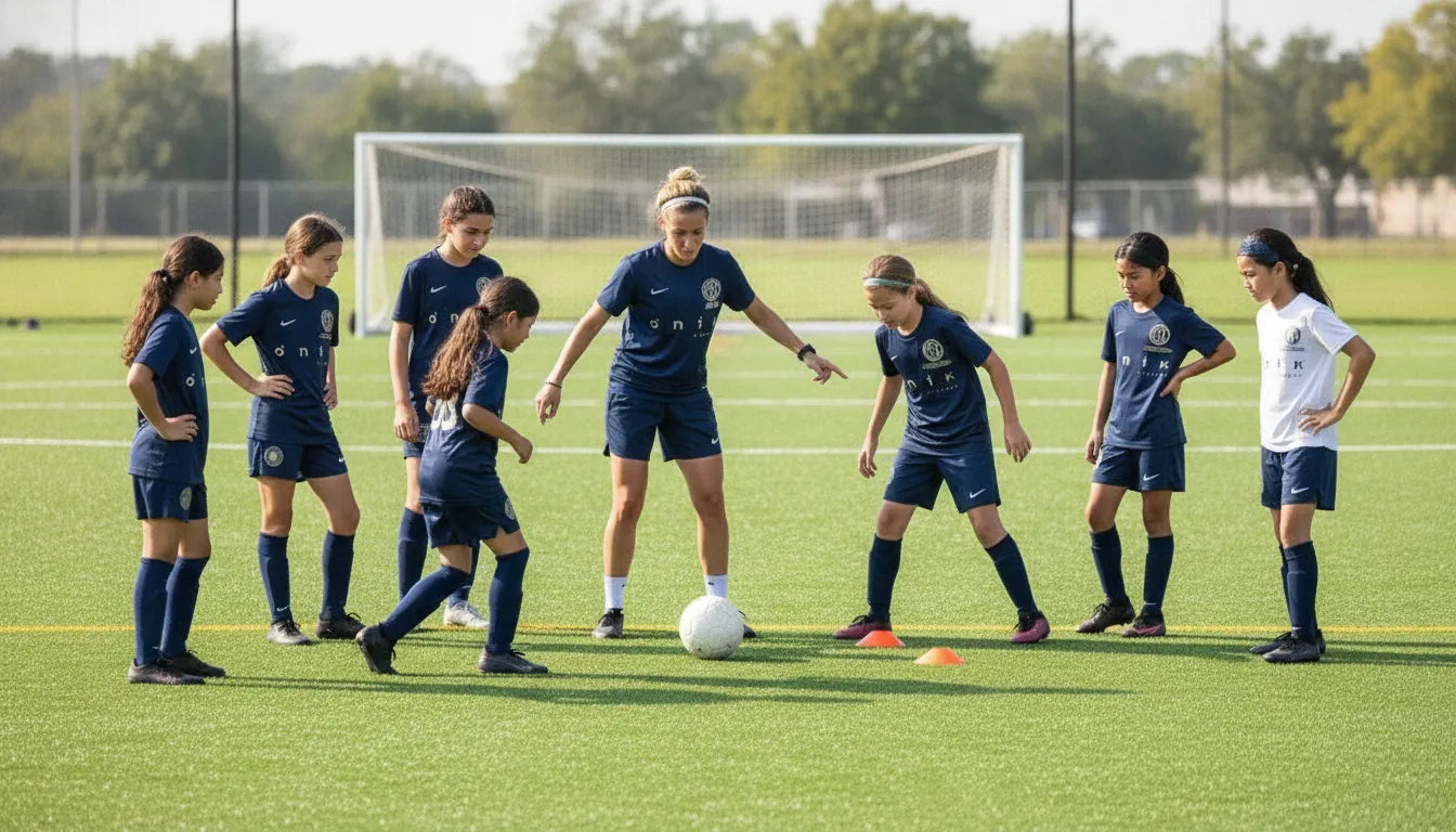 Girls youth soccer players training with a coach at GFI Academy