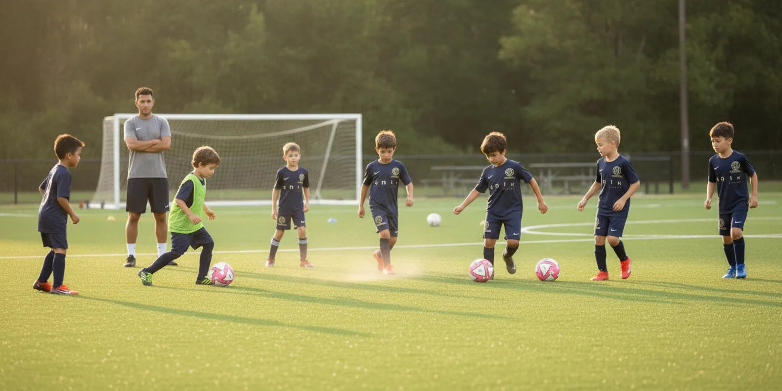 Youth soccer players training together on a field with coaches observing