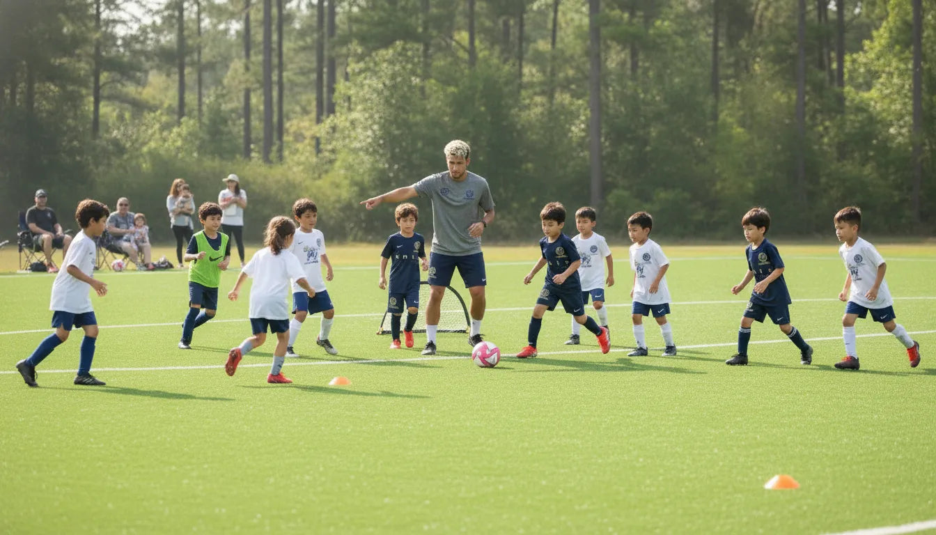 Youth soccer players training with a coach in a Houston-area session