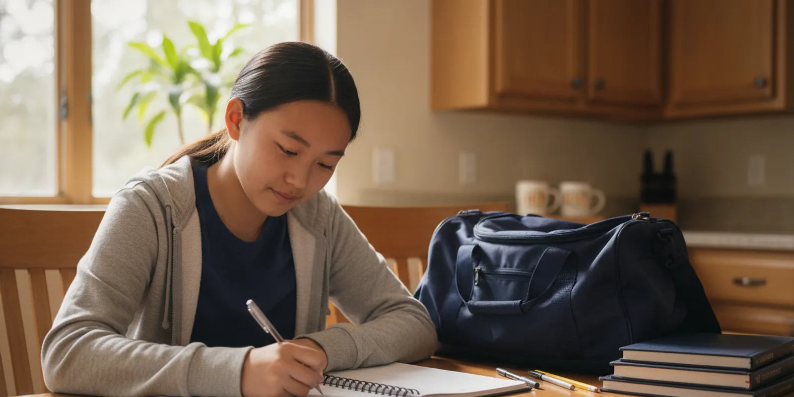 Youth soccer player organizing schoolwork and soccer gear