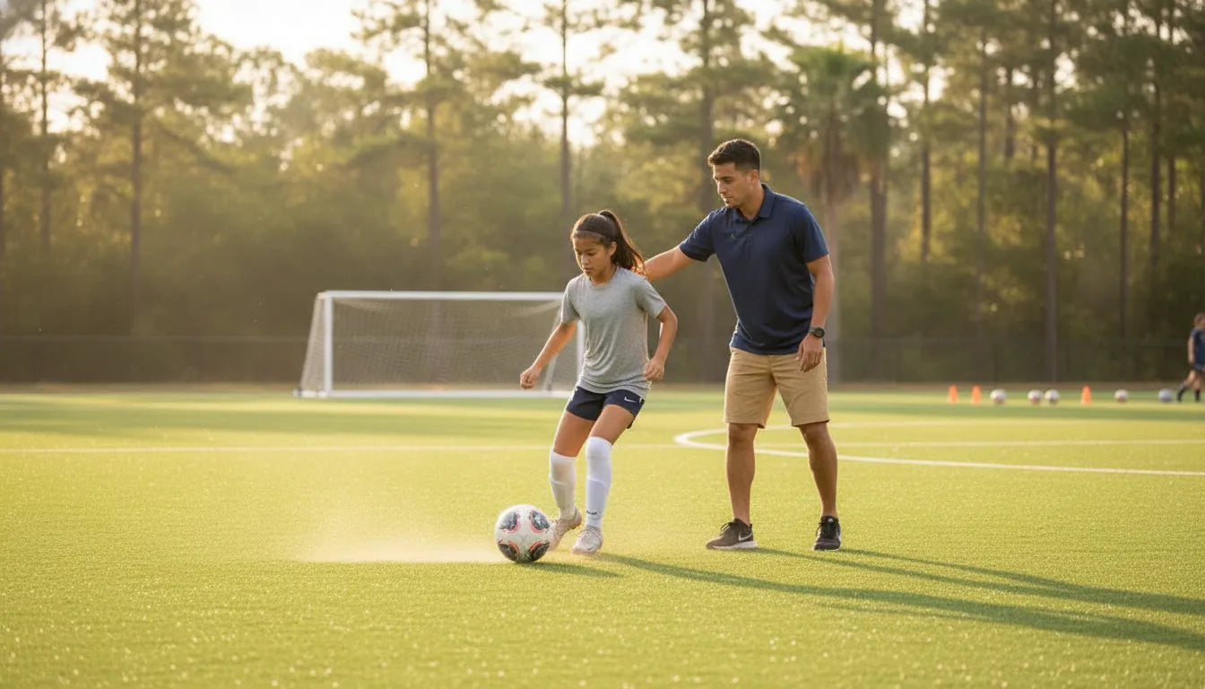 High school soccer player training with a coach in Houston