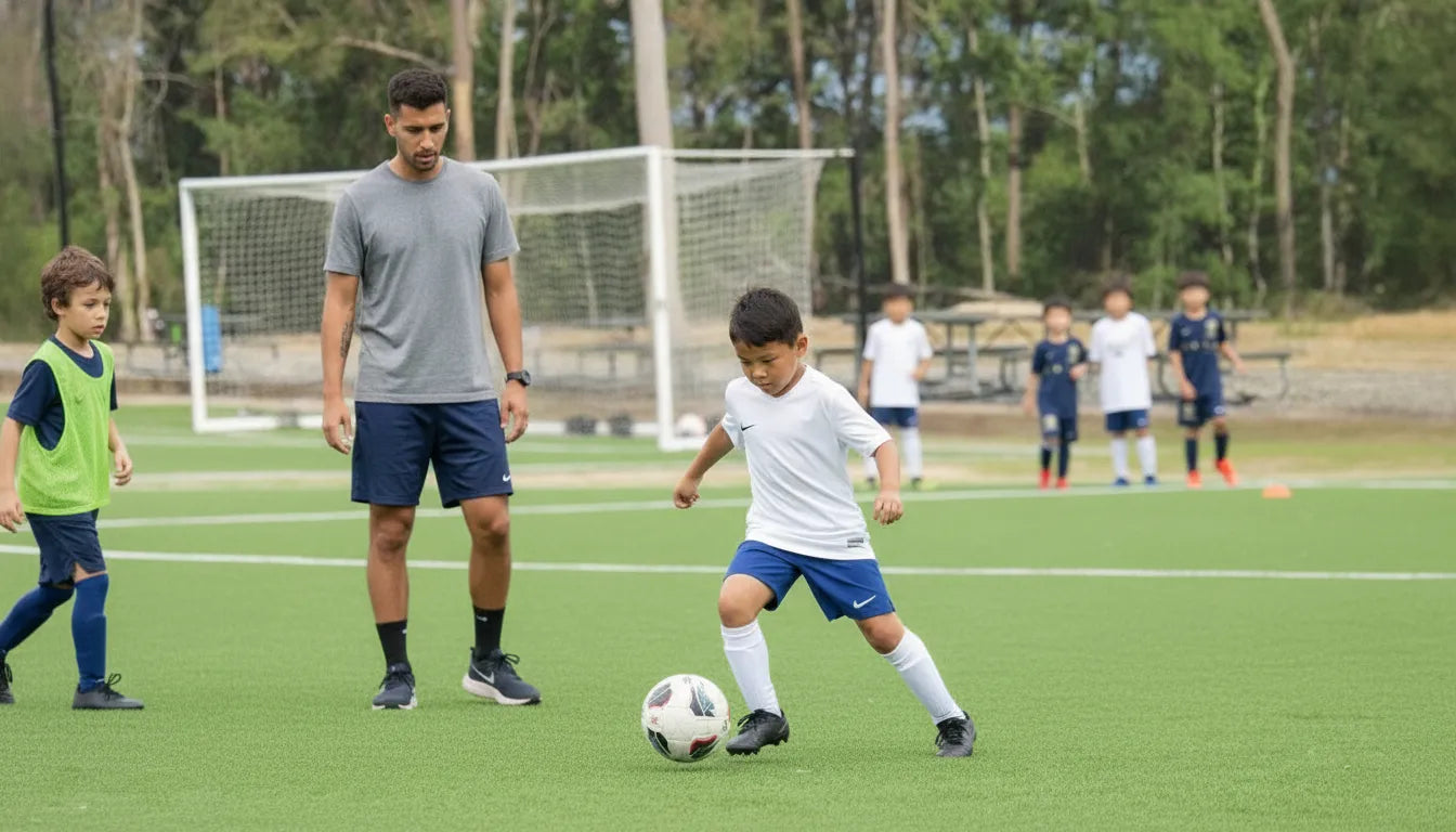 Youth soccer player demonstrating ball control during a GFI Academy tryout evaluation