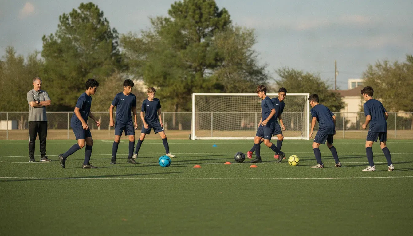 Houston youth soccer players training with a coach on a full-size field