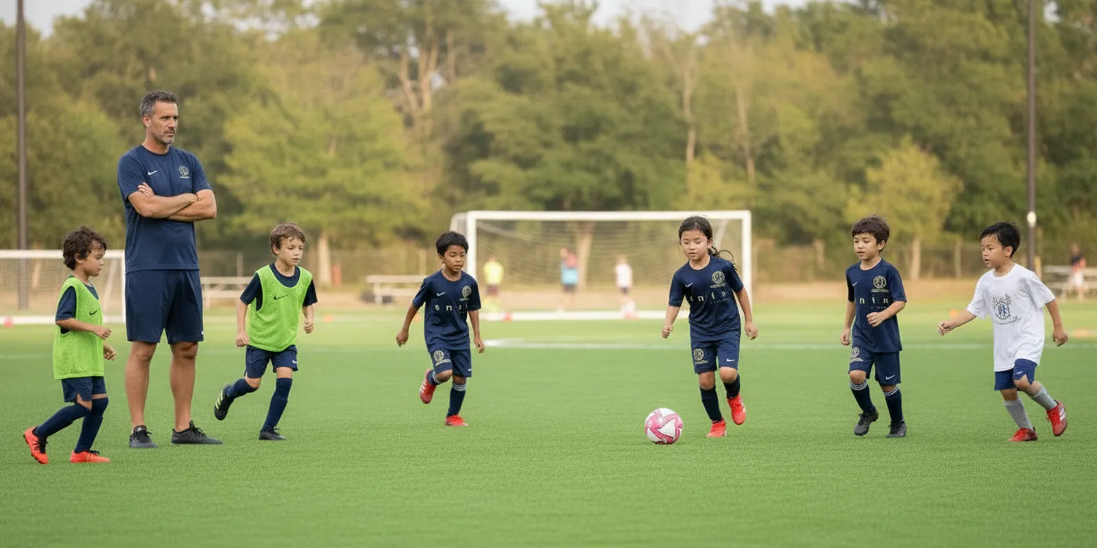 Youth soccer players training together on a Houston-area field