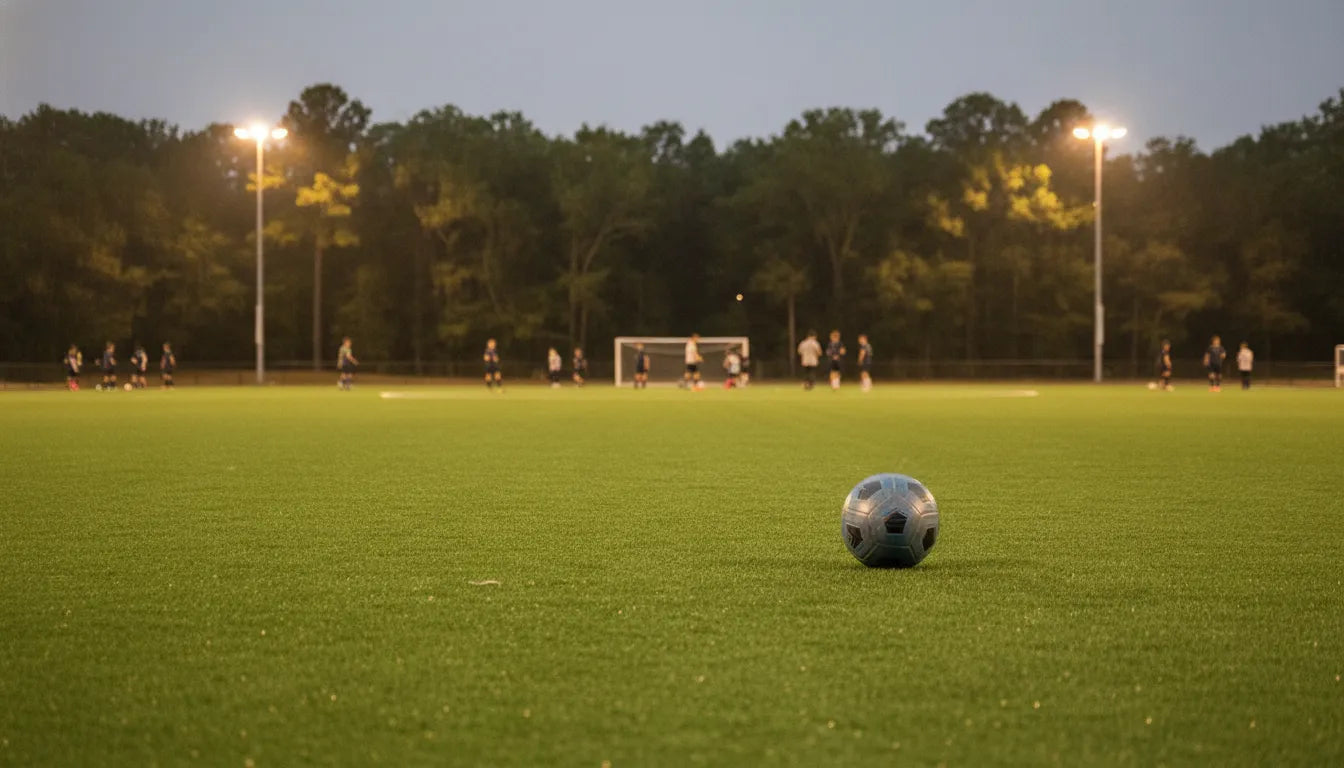 Youth soccer players training on a grass field during an evening session