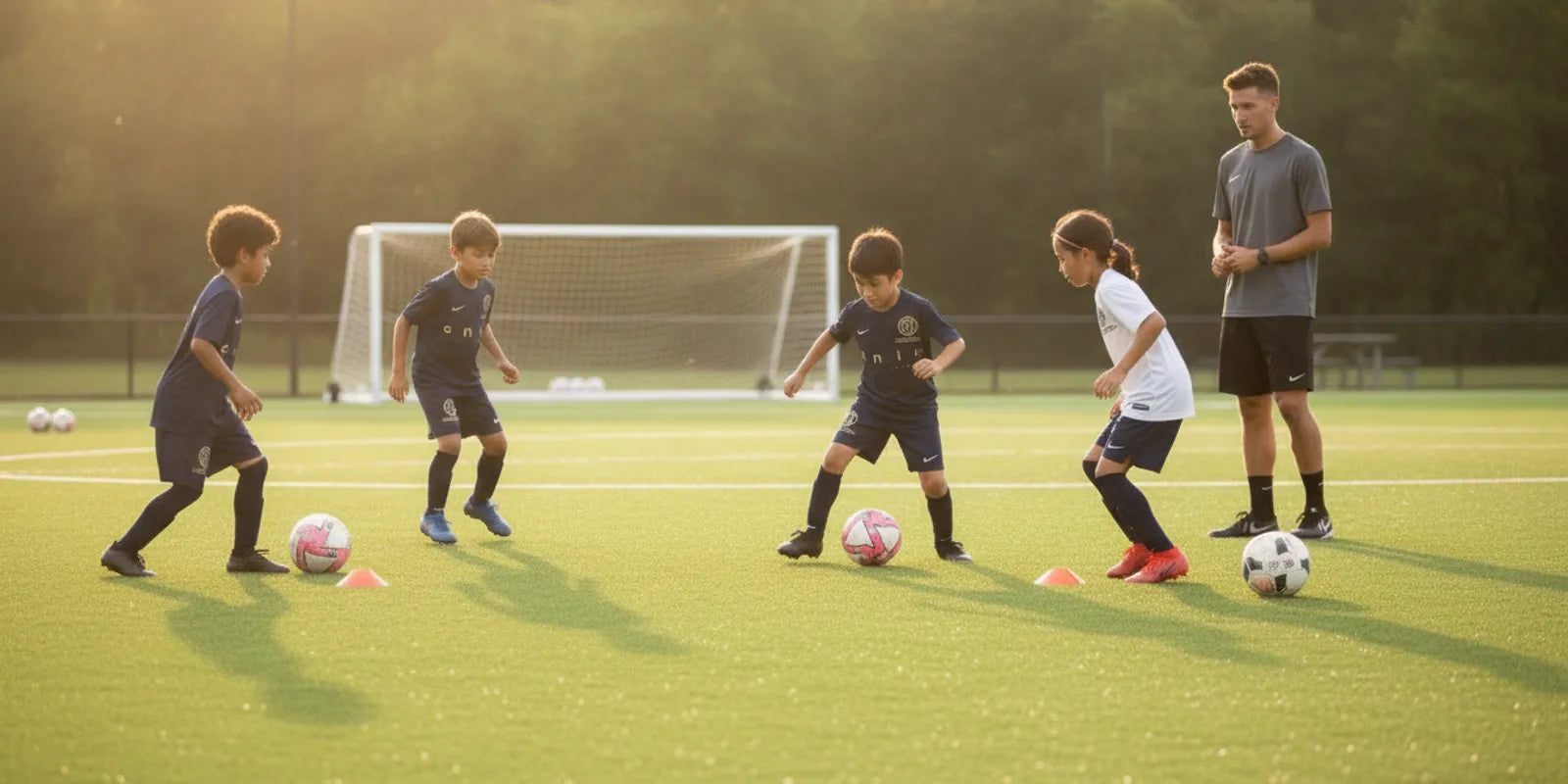Young soccer players training on a field with a coach during a development session