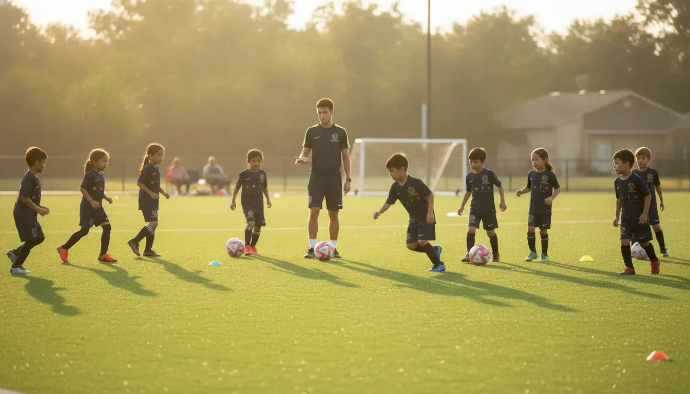 GFI Academy coach leading a youth soccer training session in Houston