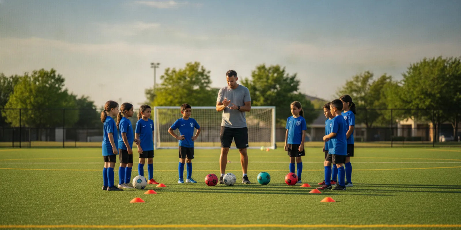 Youth soccer players practice passing with a coach on a Houston-area field