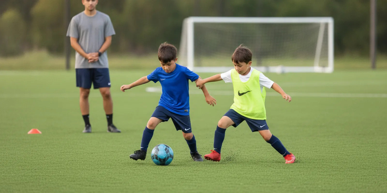 Youth soccer players practicing defensive positioning during a training session