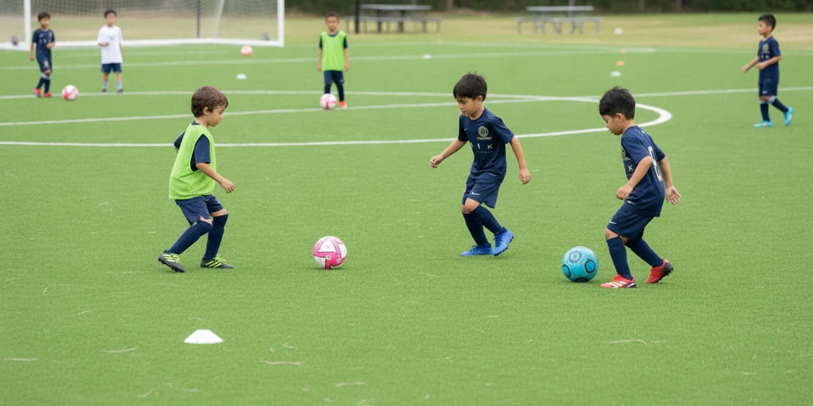 Young soccer players warming up with a ball on a field
