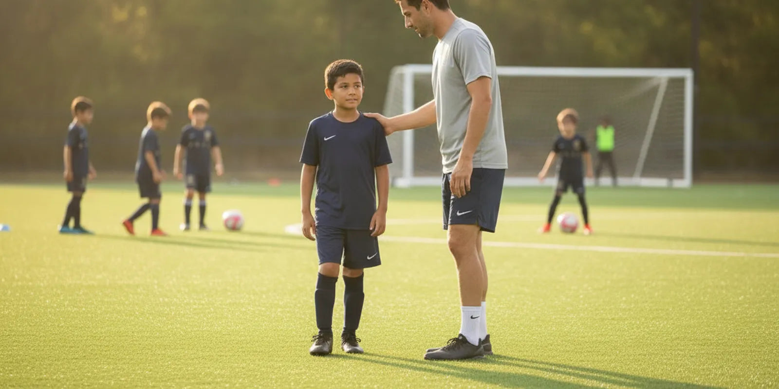 Youth soccer player speaking with a coach on the sideline after a training session