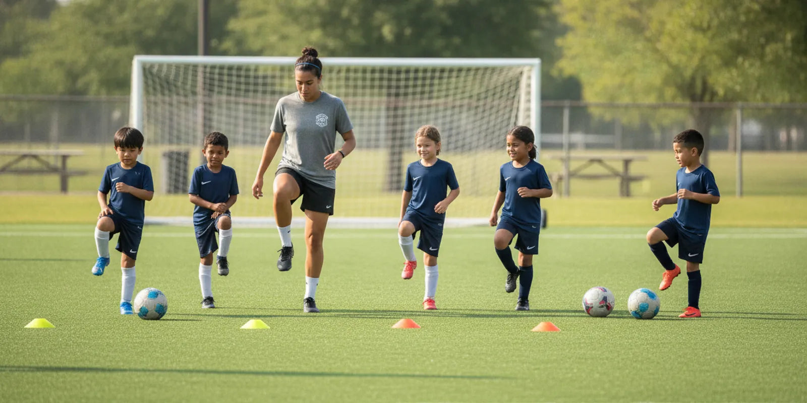 Youth soccer players practicing strength and balance exercises under a coach’s supervision