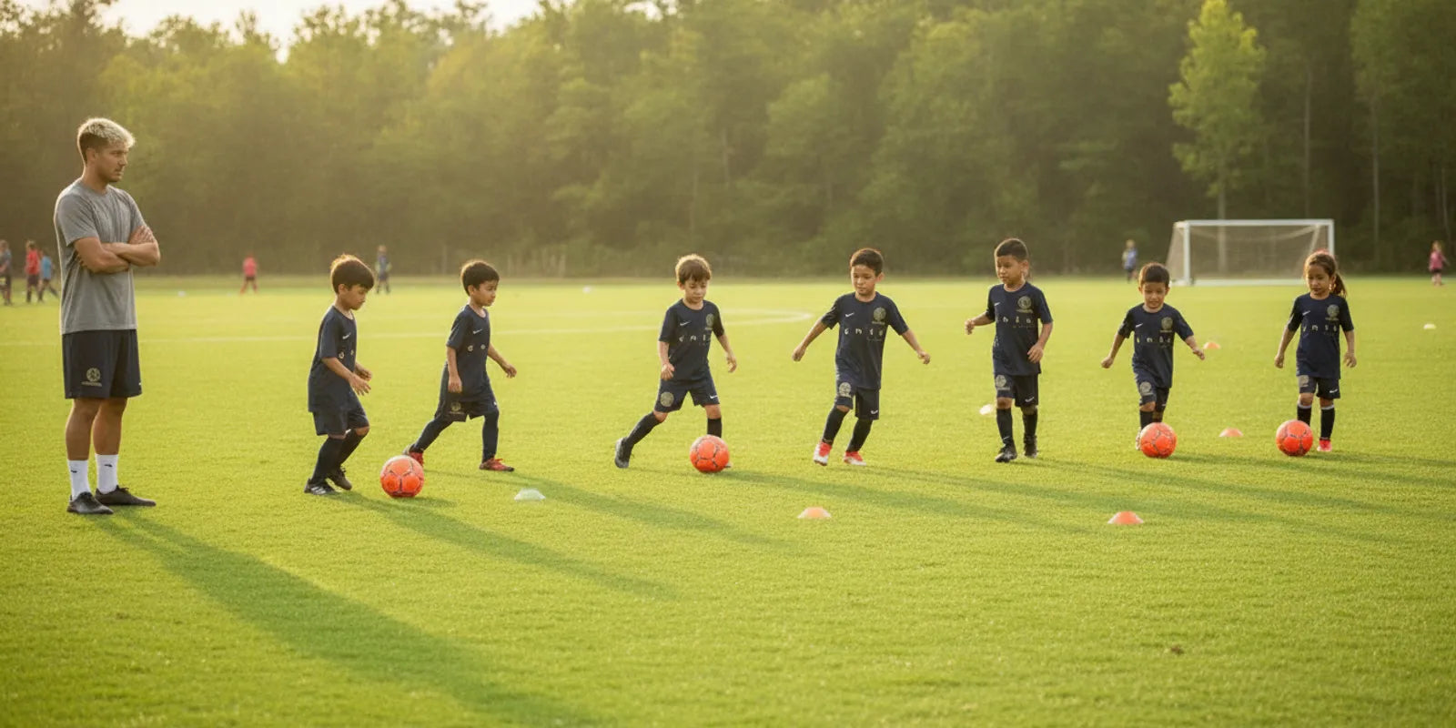 Youth soccer players practice passing on a field while a coach observes