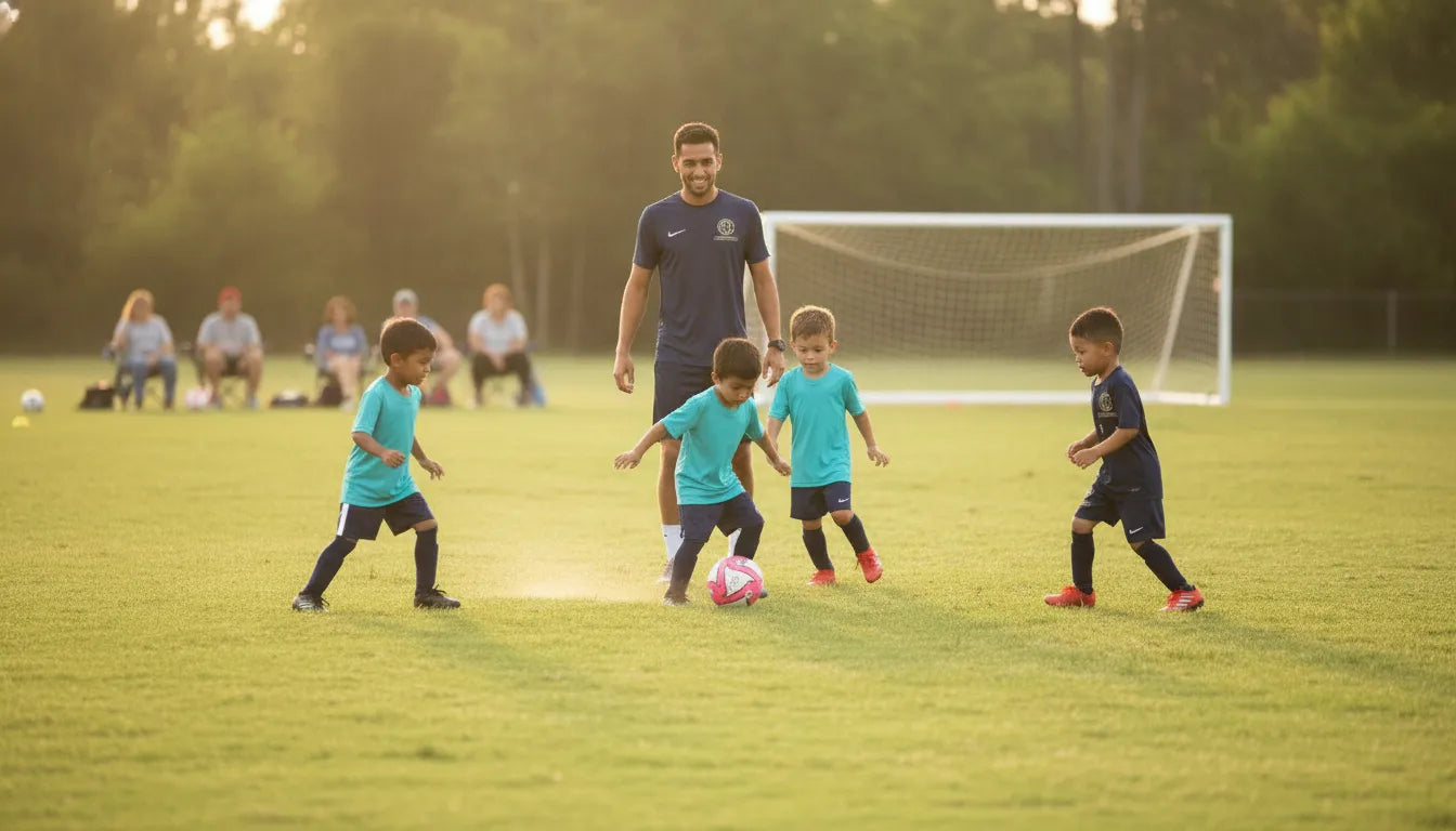 Young players and a coach in a small-sided soccer training game on a grass field