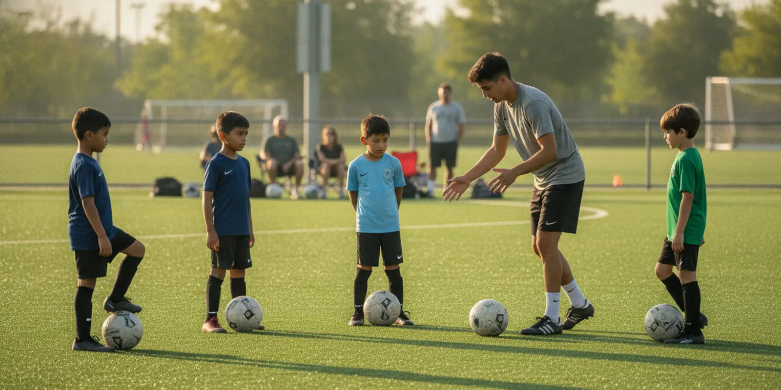 Youth soccer players listen to a coach during a practice evaluation