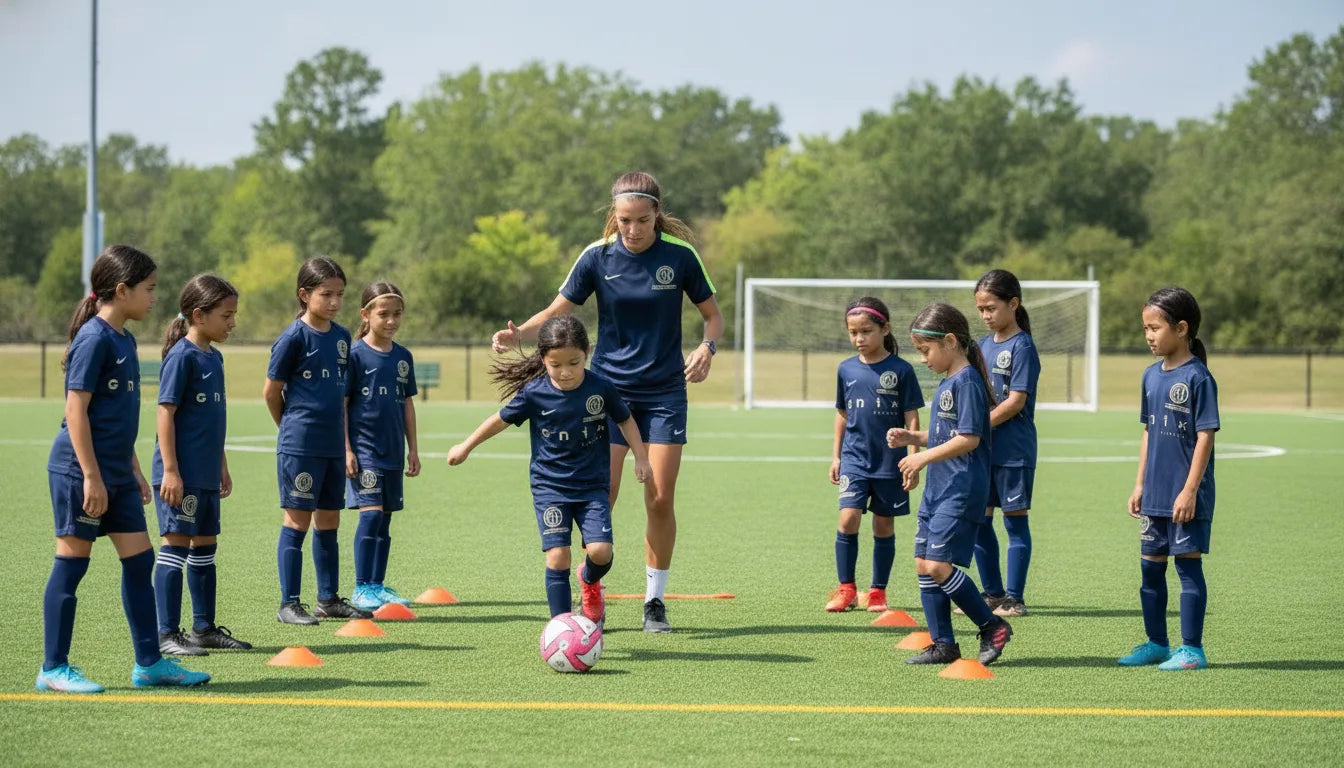 Youth girls soccer players training with a coach in Houston