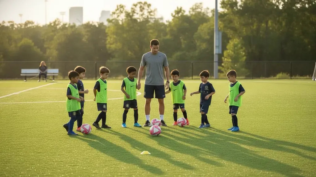 Youth soccer players working with a coach during a competitive soccer readiness training session