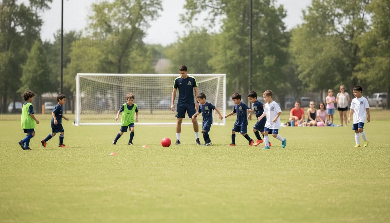 Youth soccer players training with a coach during a Houston summer camp
