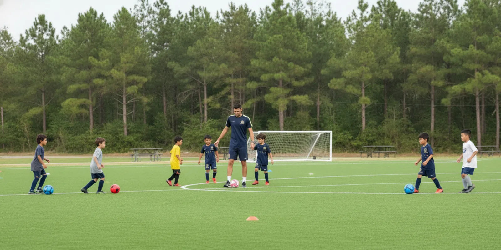 Youth soccer players practicing together on a marked outdoor field in Houston