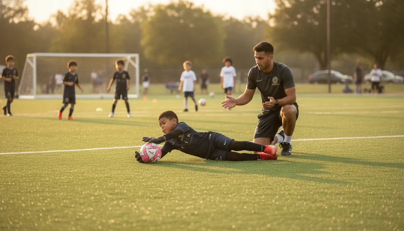 Youth goalkeeper making a diving save during specialty training at a Houston soccer academy
