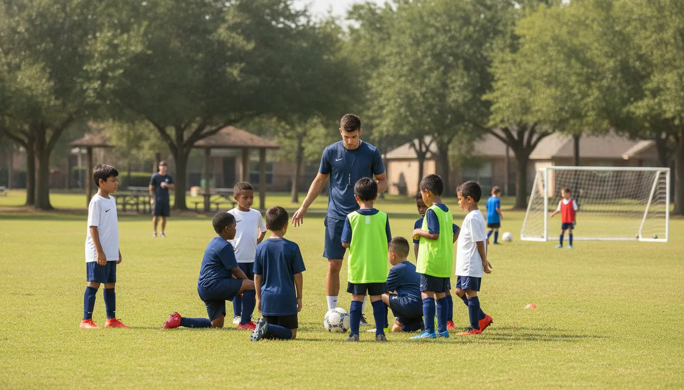 Youth soccer players training with a coach in Sugar Land, Texas
