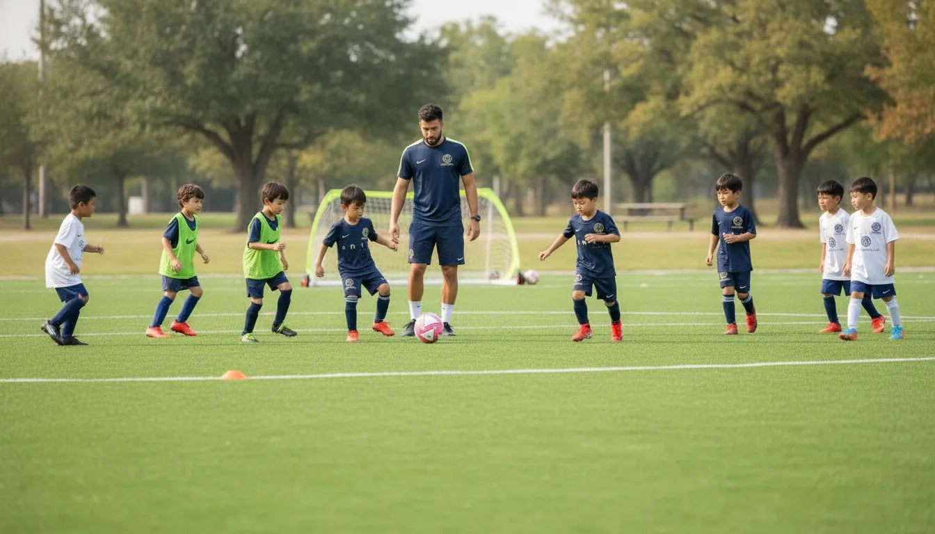 Youth soccer players training with a coach on a Houston-area field