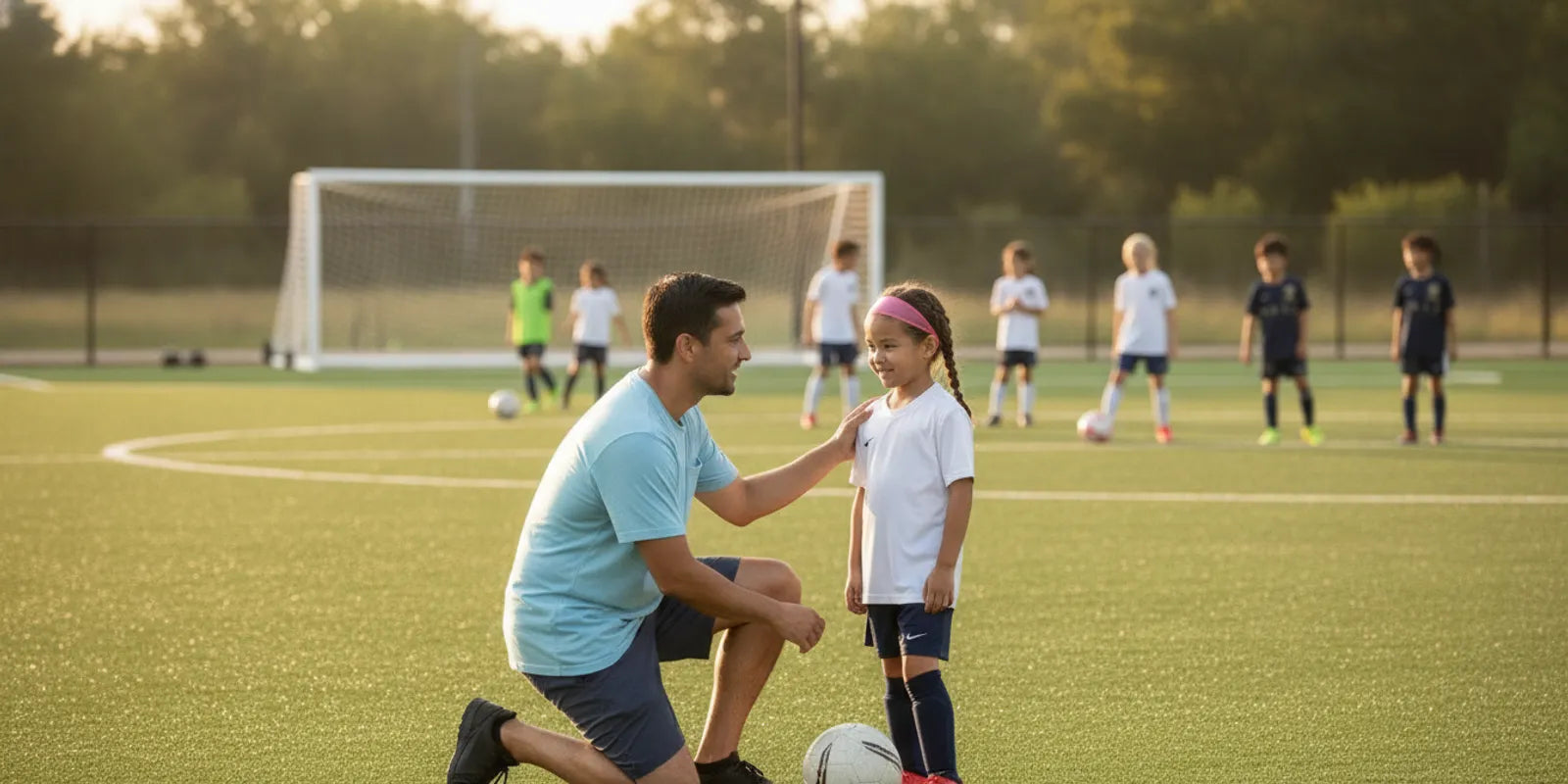 Parent and young soccer player talking beside a field before a youth soccer tryout